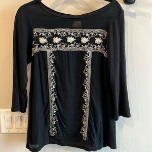 Black blouse with cream floral embroidery, Lucky Brand size S